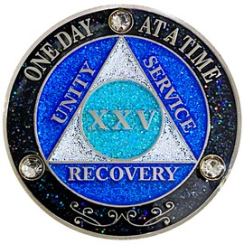(Years 1-50) AA 25 Year Crystals & Glitter Medallion, Silver Color Plated, Black Rainbow, Blue Glitter and Three Clear Crystals, Epoxy Covered (AA 25 Year Crystals & Glitter Medallion)