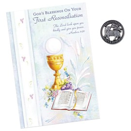 Trendzeen First Reconciliation Greeting Card - Envelope, First Reconciliation Pin - Glitter Embossed 1st Penance Card, Forgiveness Lamb Pin Set - 2 Items