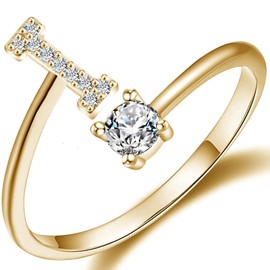 Initial Letter Ring for Women Girls Gold Stackable Alphabet Rings with Initial Adjustable Crystal Inlaid Initial Rings Bridesmaid Gift(I Gold)