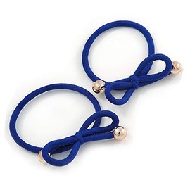 Two Piece Violet Blue Bow with Gold Tone Bead Design Hair Elastic Set/Ideal For School
