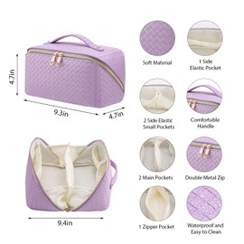 VERNASSA Large Capacity Travel Cosmetic Bag, Toiletry Bag, Women Portable Makeup Bag Opens Flat for Easy Access, PU Leather Waterproof Travel Cosmetic Bag with Handle and Divider