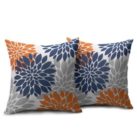 Navy Blue Orange Pillow Covers 18x18 Set of 2 Fall Colored Grey Gray Dahlia Flower Outdoor Decorative Throw Pillows Autumn Themed Farmhouse Pillowcases Linen Cushion Case Decor for Sofa Couch Bed