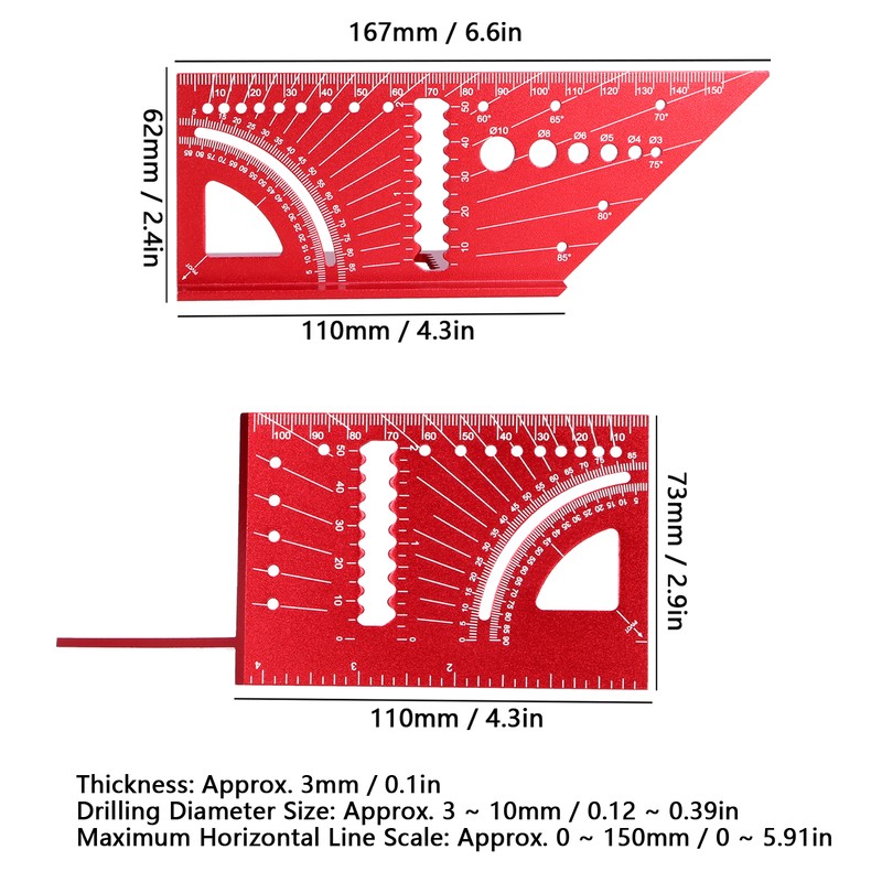 Woodworking Square Size Measure Ruler Aluminum Alloy 3D Mitre 45