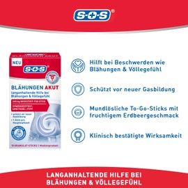 SOS Acute Bloating - 10 To-Go Sticks with Simeticon & PVPP - Oral Soluble with Strawberry Flavour - Support for Bloating & Bloating - Practical Format for on the Go