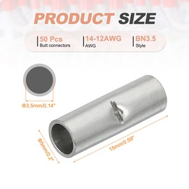 sourcing map 50 Pcs Non Insulated Butt Connectors 14-12AWG Tinned Copper Wire Connector BN3.5 for Electrical Wire Crimp Ferrule Terminals