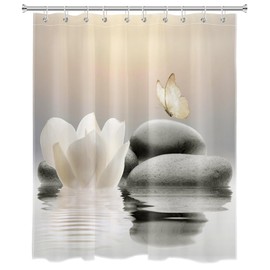 EOBTAIN Zen Water Lily Shower Curtain for Bathroom Flower and Butterfly Landed on Grey Stone on The Water Surface Shower Curtain with 10 Hooks Nature Landscape Bathroom Curtains Shower Set 72x60 Inch