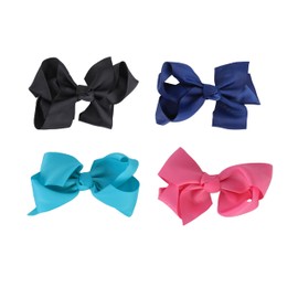4 Inch Grosgrain Hair Bow for Girls (Set of 4) (Black, Blue, Hot Pink, Navy)