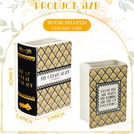 Book Vase, Ceramic Vase for Flowers, Large Book-Shaped Bookend for Book Lovers Gifts Vintage Boho Book Vases for Centerpieces Fake Books for Home Office Shelf Decor Black & Gold Flower Vases