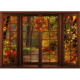 DePhoto 9x6FT Fall Window Backdrop Fall Autumn Garland Forest Tree Scenery Yellow Leaves Maple Landscape Vinyl for Portrait Studio Props Birthday Thanksgiving Weddding Decoretions Background