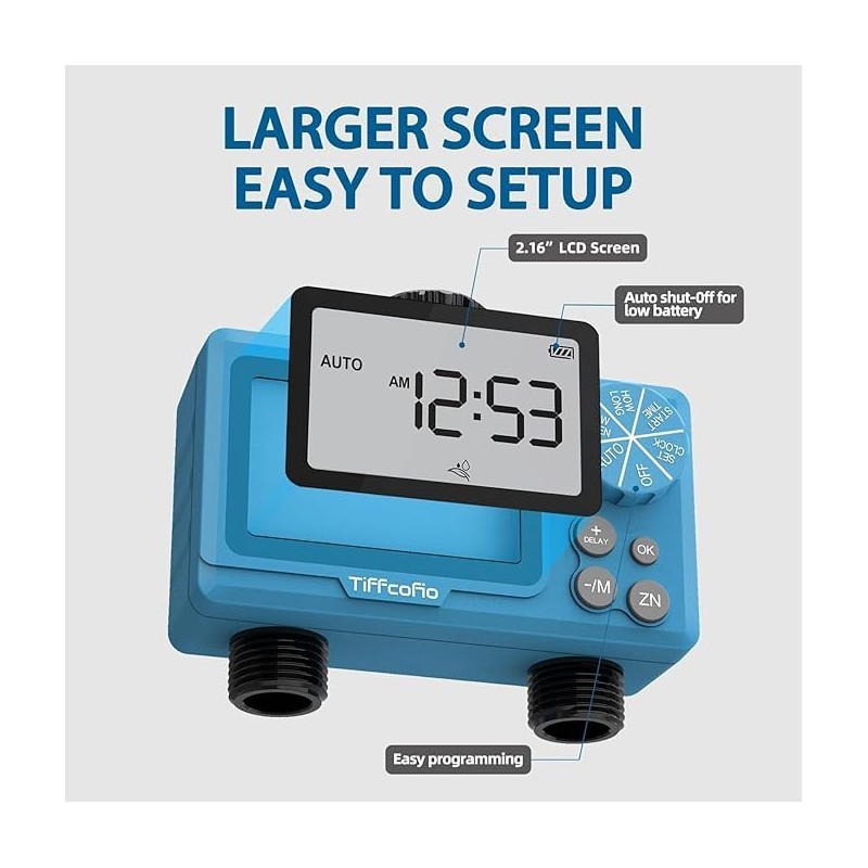 TiFFCOFiO Sprinkler Water Timer Outdoor, 2 Outlets Digital Pogrammable for