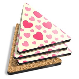 4 x Triangle Coasters - Love Heart Pattern Valentines Day Cork Backed MDF Glossy Tea Coffee Accessory #45623