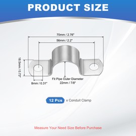 PATIKIL 22mm Rigid Pipe Strap, 12 Pcs 304 Stainless Steel Conduit Clamp 2 Hole Thicken U Bracket Pipe Clamp Tube Strap for Pipe Cable Wire Fixing, (7/8")
