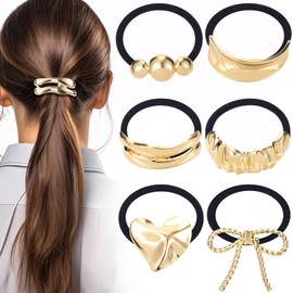 Pndeyo 6pcs Metal Hair Ties for Women, Non-Slip Elastic Hair Cuff Ponytail Holder, French Bracelet Hair Band Accessories for Long Short Curly Wavy Thick Hair- Gold
