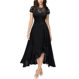Miusol Women's Retro Lace Contrast Chiffon Ruffle Evening Maxi Dress (X-Large, Black)