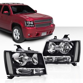 PIT66 Headlight Assembly Compatible with Chevy Suburban Tahoe 2007-2014 /Fit for Chevy Avalanche Headlamps 2007-2013, Clear lens Black Housing Clear Reflector