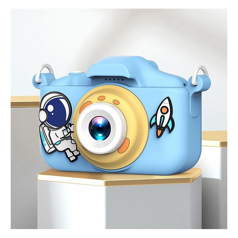 Playtastic Selfie-Kinderkamera, 2''-IPS-Display, 1080p, USB-C, Weltall-Hülle blau