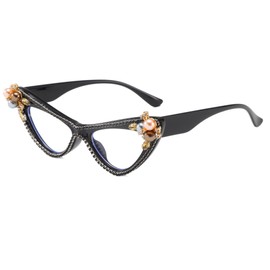 Long Keeper Katzenaugen Blaulichtfilter Brille Damen Strass Anti Blaulicht Computerbrille BlauLicht Blockierende Brille Retro Kristall Gamingbrille (Schwarz)