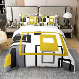 100% Organic Cotton Abstract Geometry Duvet Cover Geometric Square Striped Bedding Set Black White Yellow Grey Comforter Cover for Kids Adults,Modern Simple Bed Set 2 Pillow Cases Double Size