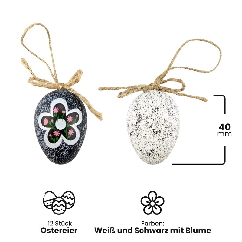 Netuno 12 Easter Eggs with Pendant 4 cm White Black