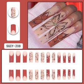 Press on Nails Long Coffin Shaped Glossy Full Cover Acrylic Square Long False Nails with Designs Artificial Extra Long Coffin Fake Nails with Charm Glue Stick on Fingernails for Women Girls(SGCY208)