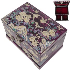 February Mountain Korean Mother of Pearl Jewelry Box – 2-Drawer Keepsake Box with Mirror, Traditional Oriental Trinket Organizer – Gift for Women, Mom, Wife, Anniversary (Floral Peony - Purple)