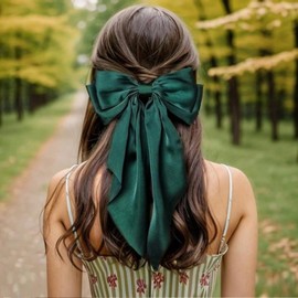 Green Hair Bow Hair Clip,Hair Bows Barrettes Solid Color,Big Bowknot Hairpin French Hair Clips with Long Ribbon Solid Color Hair Barrette Clips Soft Satin Silky Hair Bows for Women Girls
