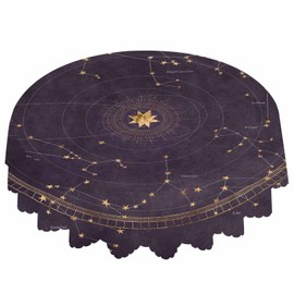 IBILIU Astrological Star Map Round Tablecloth,Planetary Zodiac Constellations Dark Purple Water Resistant Polyester Table Cloth Decorative Table Cover for Kitchen, Dining Desk,Party,Holiday - 58 Inch