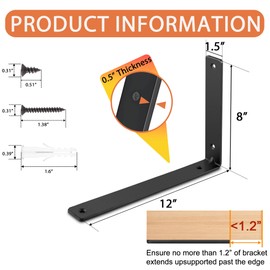 Savener Shelf Brackets, Heavy Duty Black Metal Floating Shelf Bracket, 1/2" Thick Hidden 90 Degree Angel L Brackets for Kitchen, Bathroom, Warehouse, 160 lbs Capacity(12" x 8"-10 Pack)