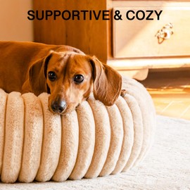 MEWOOFUN Cat Beds for Indoor Cats, Cat Donut Kitten Bed Washable, Fluffy Pet Bed with Non-Slip Bottom, Calming Round Bed for Puppy and Small Cat (Camel, 64x64x18cm)