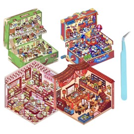 Cosmeria 4 Sets DIY 3D House Sticker Set Type C, 3D Sticker Scene, Creative Stress Relief for Children, Adults, Sticker Therapy, Creative Scene Fun Stacking