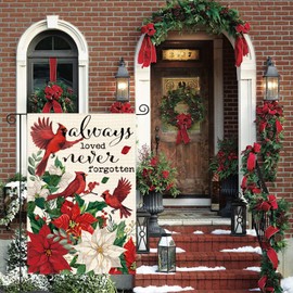 AVOIN colorlife Always Loved Never Forgotten Memorial Garden Flag 12x18 Inch Double Sided Outside, Cardinal Christmas Poinsettia Yard Outdoor Decorative Flag