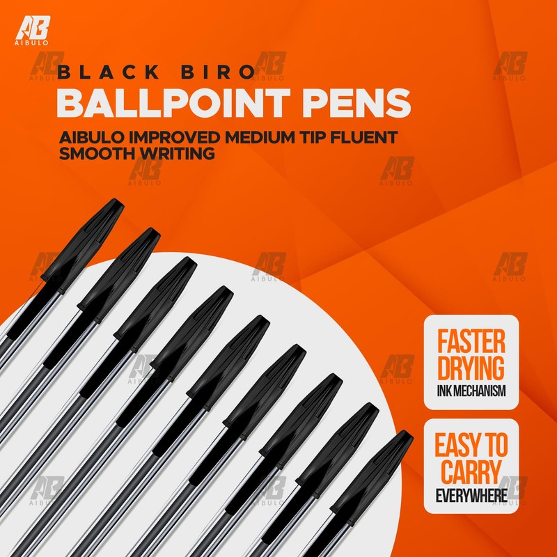 AIBULO Improved Medium Tip Fluent Smooth Writing Black Biro Ballpoint