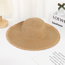 Aimiwial Sun Beach Hats for Women,Wide Brim Straw Hats Womens with Fringe Tassels, Foldable Woven Sun Hat UV Protection Brown