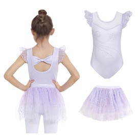 JiAmy Girls Ballet Leotard Ruffle Sleeve Kids Ballet Outfit with Skirt Dance Costumes Shiny Ballerina Dress for 4-5 Years,Purple