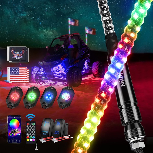 Nilight 2PCS 3FT RGB LED Whip Light and 4 PCS RGB Rock Lights Combo, Remote & App Control w/DIY Chasing Patterns Stop Turn Reverse Light Safety Antenna Lighted Whips for ATV UTV, 2 Year Warranty