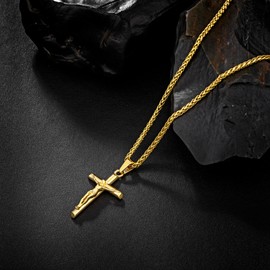 Speroto Cross Necklace for Men The Passion of Jesus Gold Chain Stainless Steel Necklace for Mens Gold Chain Mens Gifts for Him Boyfriend Father Gold, 24''Wheat