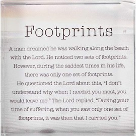 cbc Footprints in the sand - glass block paperweight plaque