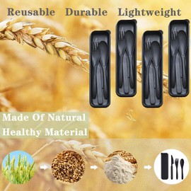 Reusable Travel Utensils Set with Case, 4 Sets Wheat Straw Portable Plastic Fork Spoons Knife Cutlery, Camping Eco-Friendly BPA Free Tableware for Kids Adults Work Picnic or Daily Use (Black)
