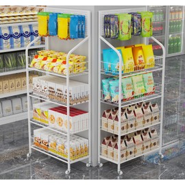Nisorpa 4 Tier Retail Snack Display Rack, Metal Supermarket Candy Display Shelf Cart with Wheels Snack Fruits Organizer Holder Stand for Convenience Stores Home Kitchen 23.6x60.2x10.6 Inches,White