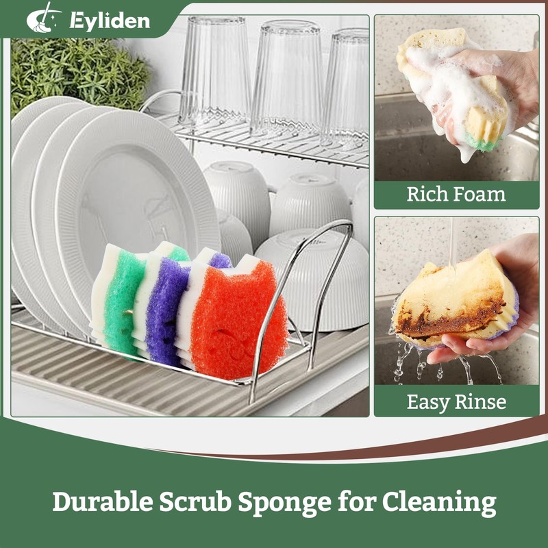 Eyliden 6 Pack Kitchen Scrub Sponges, Dual-sided Dish Scourers for