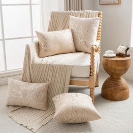 JELLYMONI Set of 2 Suede Champagne Throw Pillow Covers with Gold Streaks - 22 x 22 inch Glitter Decorative Pillow Shams for Couch, Sofa, Bed - Soft, Sparkling Metallic Home Décor