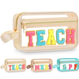 Pinkunn Chenille Letter Bag Clear Makeup Pouch Cute Preppy Letter Patch Cosmetic Bag with Zipper Nylon Waterproof Portable Travel Purse Toiletry Organizer for Appreciation Gift(Cream White,Teach)