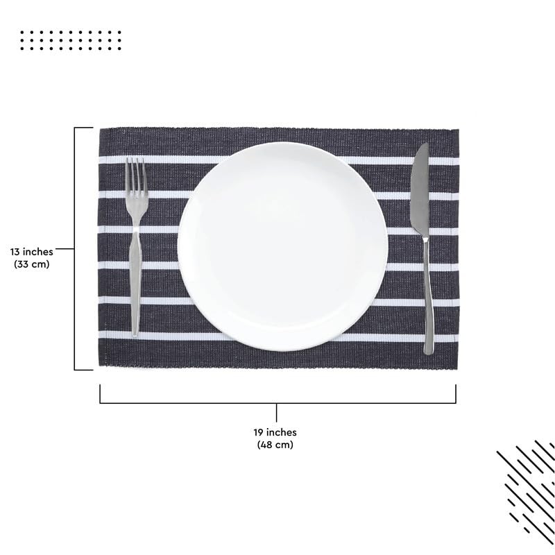 Encasa Ribbed Cotton Placemats (Set of 6), Roma Grey Stripes,