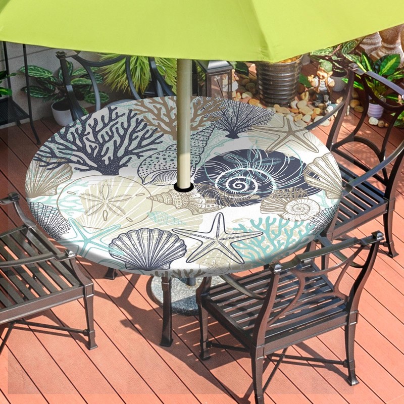 Britown Coastal Beach Round Outdoor Tablecloth with Umbrella Hole, Plaid