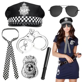 Pack of 7 Police Costume Accessories, Police Costume Women, Police Costume Men with Police Hat, Handcuffs, Police Badge, Baton, Carnival Costume for Commissioner, Carnival, Theme Party, Cosplay, Black