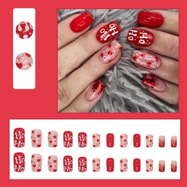 24 Pcs Christmas Red Press on Nails Short Square - LINMEIZAI Xmas Sequins Fake Nails Press ons French Nail Art Tips Glue on Nails Full Cover Acrylic False Nails with Candy Cane Heart Design for Women