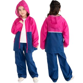 ZAIDEA Kids Rainwear Set, Rain Suit, Raincoat, Top and Bottom Set, Rain Gear, Children, 130, 140, 150, 160, Compact, Rain Pants, Forest School, School, Girls, Boys, pink/navy