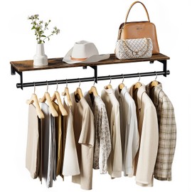 Luxspire Clothes Rack Wall Mounted, 43.3inch Clothing Racks with Top Shelf for Hanging Clothes, Heavy Duty Industrial Pipe Garment Rack, Laundry Room Shelves Closet Storage, Large, Black + Brown