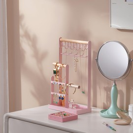 ProCase Jewelry Stand Holder Organizer, 5-Tier Necklace Holder with Ring Tray, 15 Hooks Necklaces Hanging Small Jewelry Display Storage Tower Tree for Bracelets Earrings Watches -Large, Pink