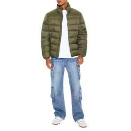 Forever 21 Men's Packable Zip-Up Puffer Jacket, Olive